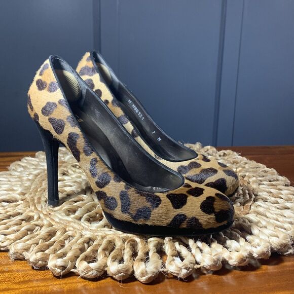 Stuart Weitzman‎ 7M Leopard Calf Hair Stiletto Animal tan black Platform - Picture 2 of 14